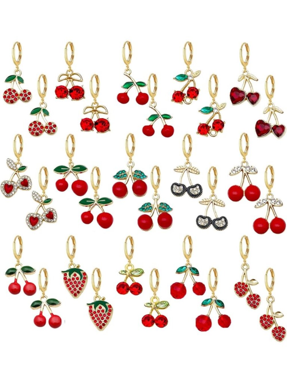 15 Pairs Red Cherry Hoop Earrings Set for Women - Cute Cherry Jewelry Collection